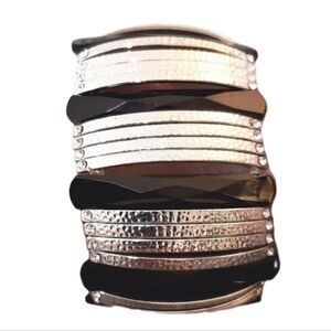 Tiramisu Silver Tone Black Metallic Stretch Pull-On Cuff Style Womens Bracelet